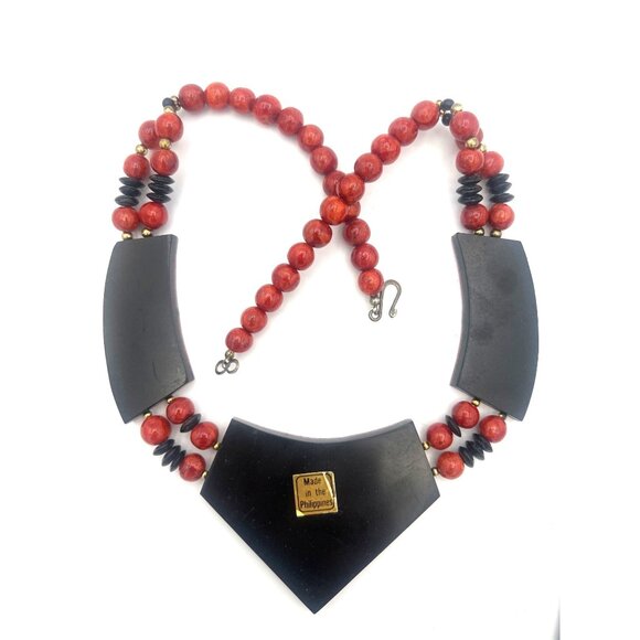 Handcrafted Red Coral Necklace Beaded Geometric Pendants Black Disk Philippines - Picture 6 of 8